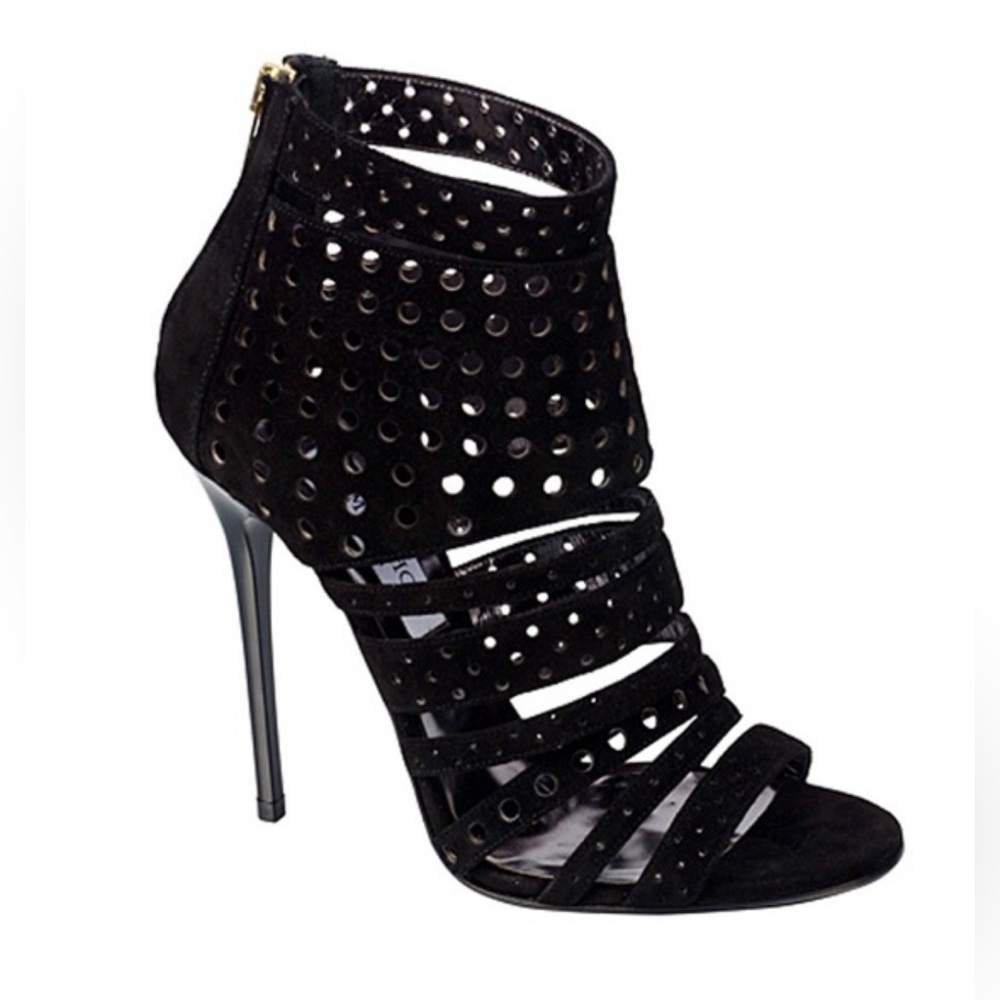 Jimmy Choo Malika Suede gladiator Heels black perforated $785